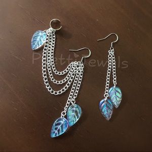 New Unworn AB Glass Leaves Ear Cuff Earrings Set